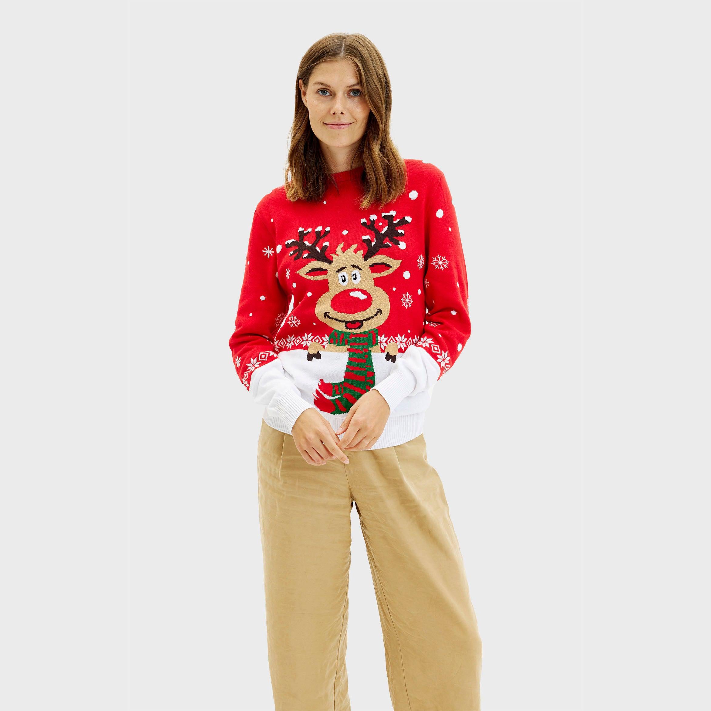 Roter Weihnachtspullover Damen mit fröhlichem Rentiermotiv, nachhaltiger Bio-Baumwolle, langärmelig.